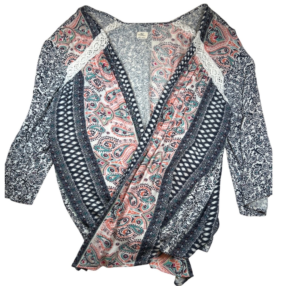 ONeill Womens Paisley Floral Kimono Cardigan Navy Coral Lace Trim Size Med Large
